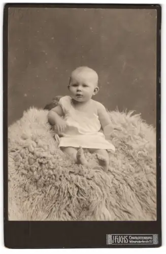 Fotografie J. Fuchs, Charlottenburg, Wilmersdorferstr. 57, Kleinkind auf flauschigem Untergrund