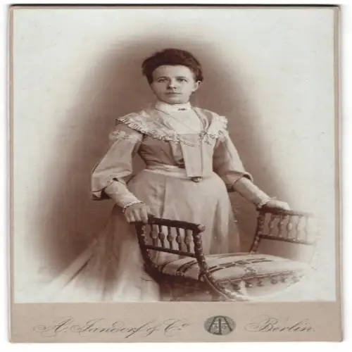 Fotografie A. Jandorf & Co., Berlin, N. Brunnen-Str. 19-21, Porträt einer Dame mit elegantem Kleid 1905