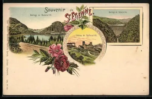 Lithographie Saint-Étienne, Barrage et Château de Rochetaillée avec fleurs décoratives