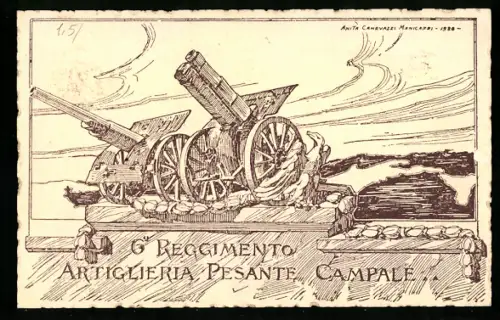 Künstler-AK 6. Reggimento Artiglieria Pesante Campale, illustration de canons sur le champ de bataille
