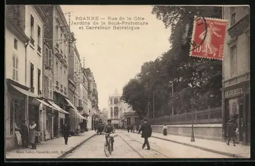 AK Roanne, Rue de la Côte, Jardins de la Sous-Préfecture et Carrefour Helvétique