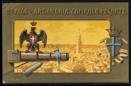 Lithographie 2. Regg. to Artiglieria Campale Pesante, Adler mit Kanone und Munition