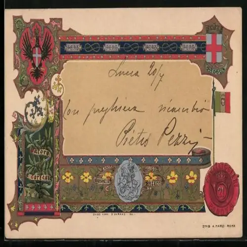 Künstler-AK Padova, Wappen und Heiliger Georg zu Pferde