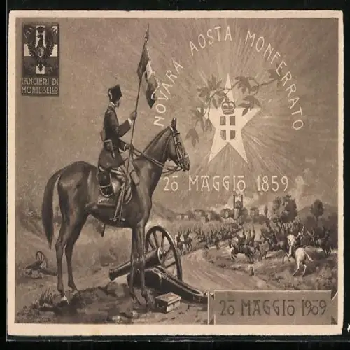 AK Lancieri di Montebello, Soldat eines italienischen Kavallerie-Regiments auf dem Schlachtfeld