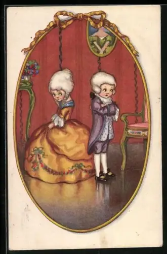 Künstler-AK Mädchen und Junge gekleidet im Rococostil, Art Deco
