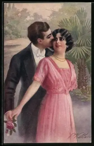 Künstler-AK Paar mit Rose im Art Deco Stil