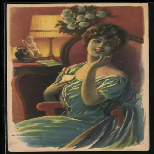 Künstler-AK Frau sitzt mit einem Brief in einem Sessel, Art Deco
