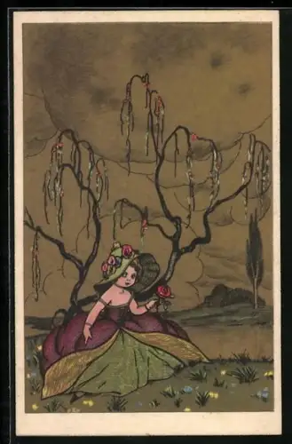 Künstler-AK Mädchen sitzt unter einer Weide, Art Deco