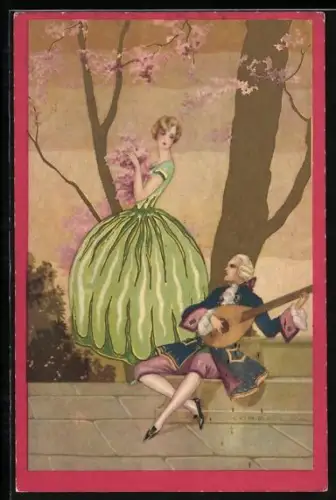 Künstler-AK Mann musiziert, Frau steht an einem Baum, Art Deco