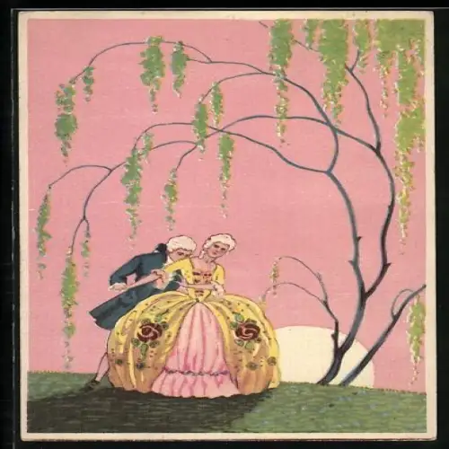 Künstler-AK Mann und Frau in Rococo-Kleidung, Art Deco
