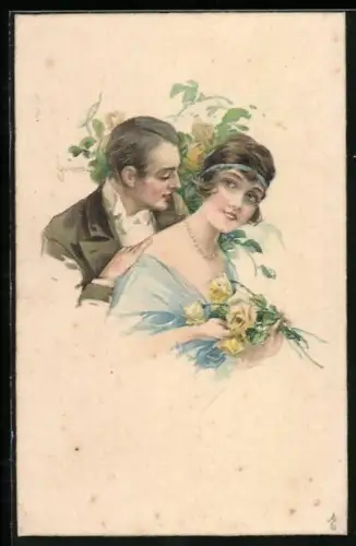 Künstler-AK Paar mit Blumen im Art Deco Stil