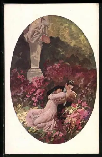 Künstler-AK Küssendes Paar umgeben von Blumen im Art Deco Stil