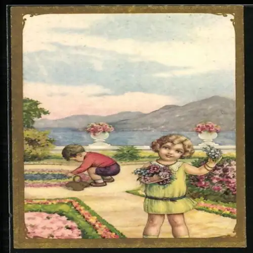 Künstler-AK Kinder pflücken Blumen in einem Garten, Art Deco