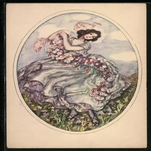 Künstler-AK Frau tanzt auf einer Blumenwiese, Art Deco