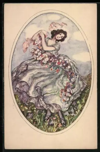 Künstler-AK Frau tanzt auf einer Blumenwiese, Art Deco