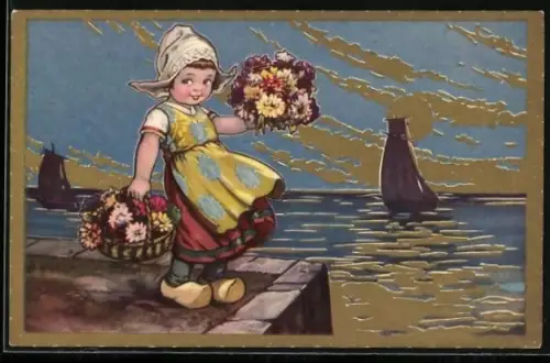 Künstler-AK Holländisches Mädchen mit Blumen am Ufer, Art Deco