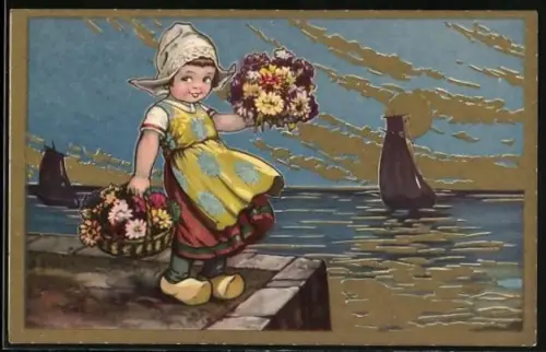 Künstler-AK Holländisches Mädchen mit Blumen am Ufer, Art Deco