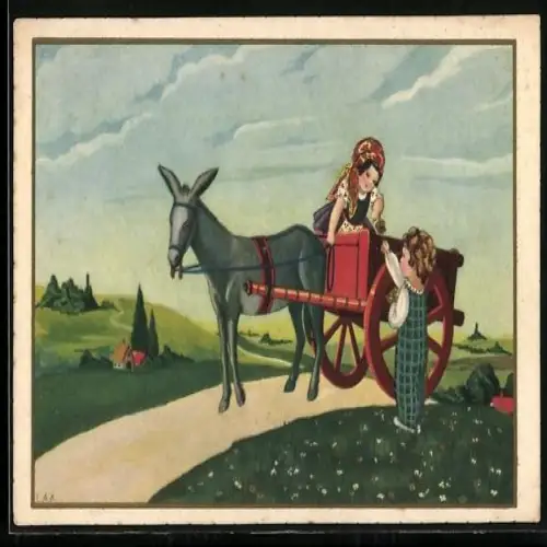 Künstler-AK Mädchen auf einem Eselkarren im Art Deco Stil