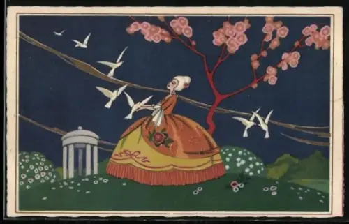 Künstler-AK Frau in Rococo Kleidung mit Vögeln, Art Deco