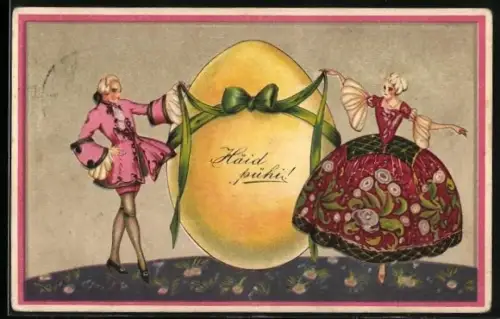 Künstler-AK Paar in Rococo-Kleidung mit grossem Osterei, Häid püki, Art Deco