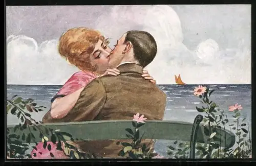 Künstler-AK Küssendes Paar am Meer im Art Deco Stil