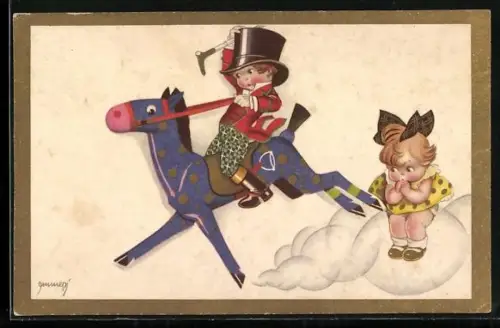 Künstler-AK Junge auf einem blauen Pferd im Art Deco Stil