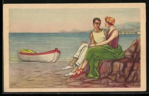 Künstler-AK Paar sitzt auf einem Fels am Meer, Art Deco