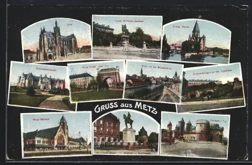 AK Metz, Collage de vues célèbres avec cathédrale, églises et monuments historiques