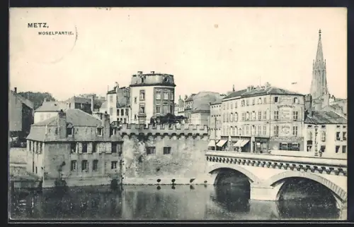 AK Metz, Vue de la Moselle et des bâtiments historiques