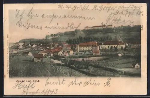 AK Bitsch, Vue du village avec bâtiments et collines environnantes