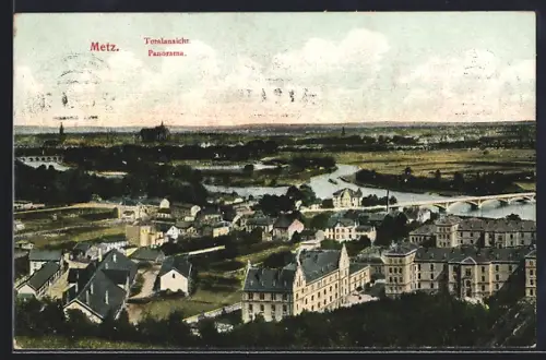 AK Metz, Panorama de la ville et de la rivière avec ponts
