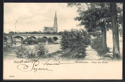 AK Metz, Pont des Morts et église en arrière-plan