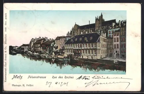 AK Metz, Rue des Roches et vue sur la cathédrale au bord de l`eau
