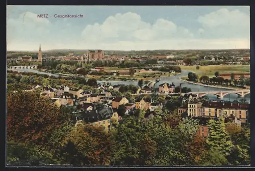 AK Metz, Vue d`ensemble de la ville avec la cathédrale et la rivière Moselle