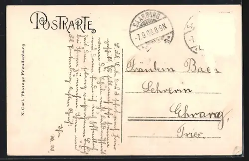 AK Saarburg, Vue sur l`église et les maisons le long de la rivière