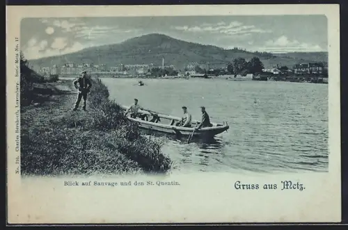 Mondschein-AK Metz, Vue sur le Sauvage et le St. Quentin avec des hommes en barque