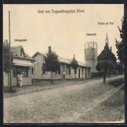 AK Bitsch, Truppenübungsplatz, Zeitungshalle, Gasanstalt, Wache mit Post