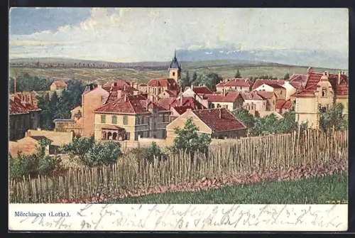 AK Mörchingen /Lothr., Vue sur le village avec église et vignobles environnants