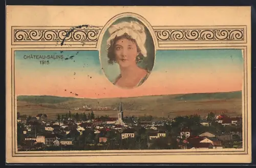 AK Château-Salins, Vue générale du village avec portrait féminin en médaillon