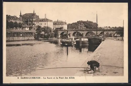 AK Sarreguemines, La Sarre et le Pont des Alliés