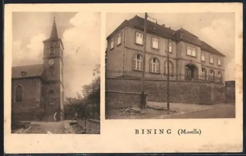 AK Bining /Moselle, Église et bâtiment public sur la place principale