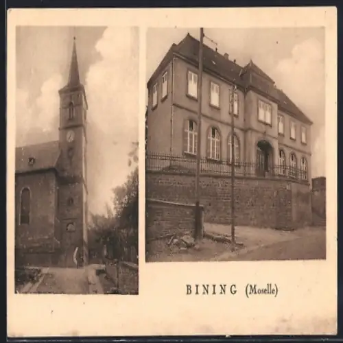 AK Bining /Moselle, Église et bâtiment administratif côte à côte