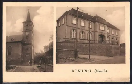 AK Bining /Moselle, Église et bâtiment administratif côte à côte