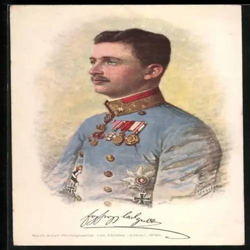 Künstler-AK Kaiser Karl I. von Österreich in Uniform mit Orden, Rotes Kreuz