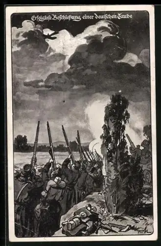 AK Flugzeug, französische Infanterie beschiesst erfolglos eine deutsche Taube