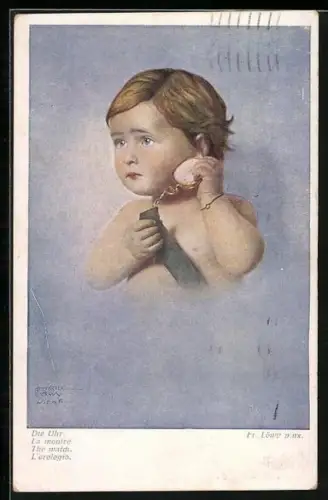 Künstler-AK Mädchen lauscht an einer Uhr