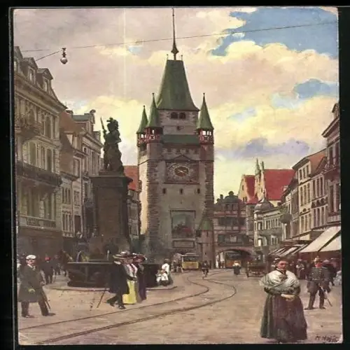 Künstler-AK Heinrich Hoffmann: Freiburg / Breisgau, Kaiserstrasse mit Martinstor und Strassenbahnen