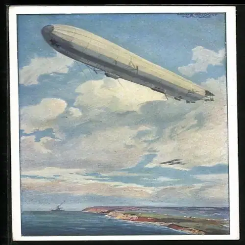 Künstler-AK Hans Rudolf Schulze: Luftschiff-Zeppelin über dem Meer