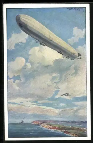 Künstler-AK Hans Rudolf Schulze: Luftschiff-Zeppelin über dem Meer