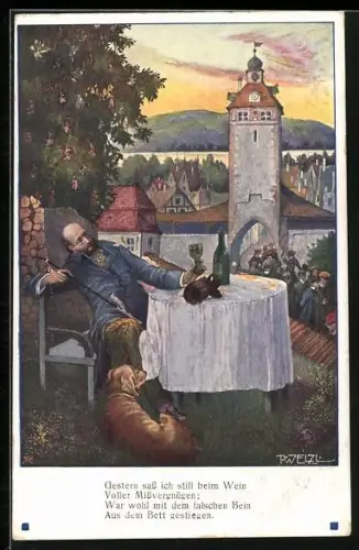 Künstler-AK T. Welzl: Trauriger Mann sitzt mit seinem Hund an einem Tisch